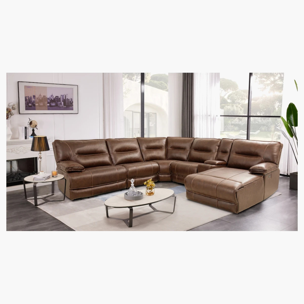 Brazil Tobacco Leather Power Reclining Sectional w/ Power Headrests